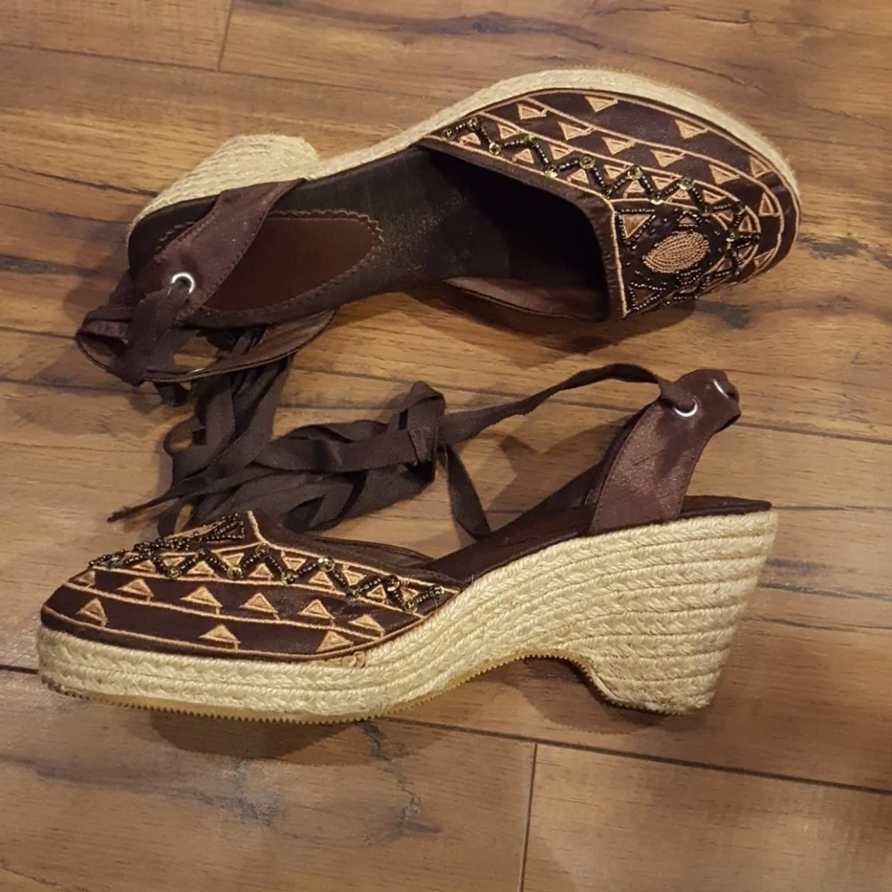 Y2K Beartraps Brown Beaded Satin Ankle‎ Straps Macrame Wedges